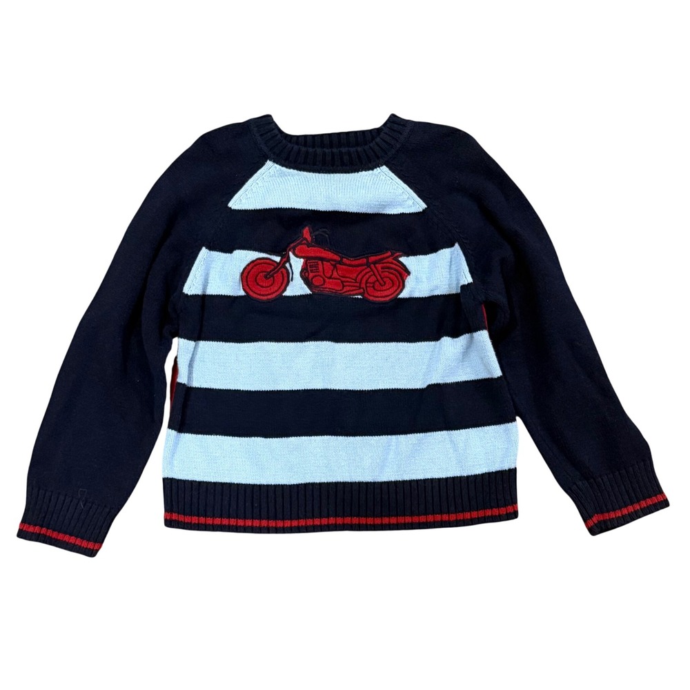 Hartstrings Boys Sz 6 Navy Blue Striped Motorcycle Knit Raglan Sweater Pullover
